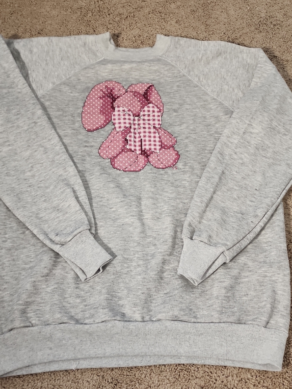 Gray Women's Sweatshirt with Pink Bunny HAND EMBROIDERED